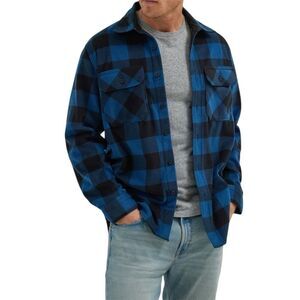WRANGLER Premium Quality Fleece Shirt Men Blue Plaid Flannel Button Up.Sz M